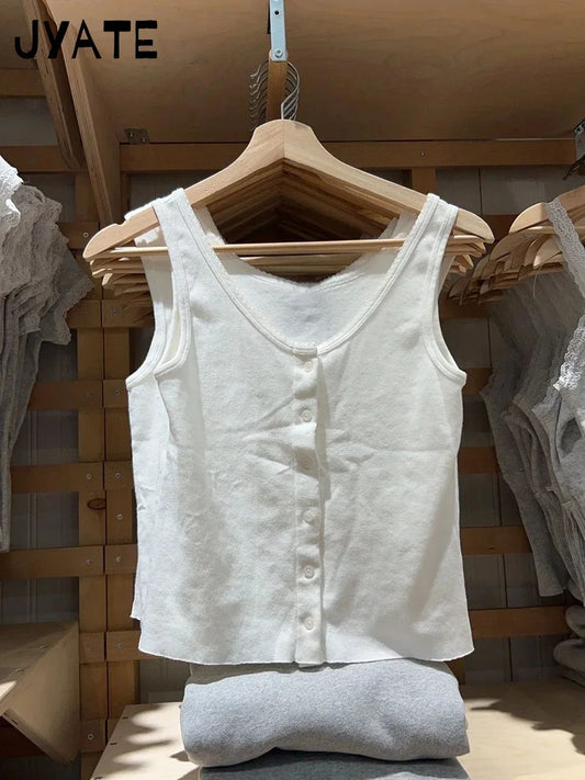 White Lace Trim Slim Crop Top Women Summer Casual Single Breasted U Collar Cotton Cropped Vest Simple Basic Chic Tank Tops Y2K