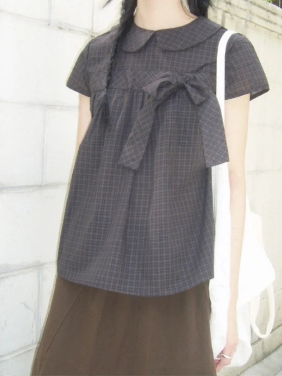 Retro Plaid Bow Lace-up T-shirts Blouse Women Summer New Korean Streetwear Doll Collar Short Sleeve Tees Vintage Sweet Cute Tops