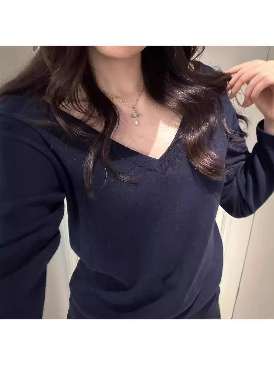 Navy V-Neck Vintage Knitted Sweater Women Autumn Winter Casual Cotton Long Sleeve Pullover Jumper Simple Slim Streetwear Top Y2K