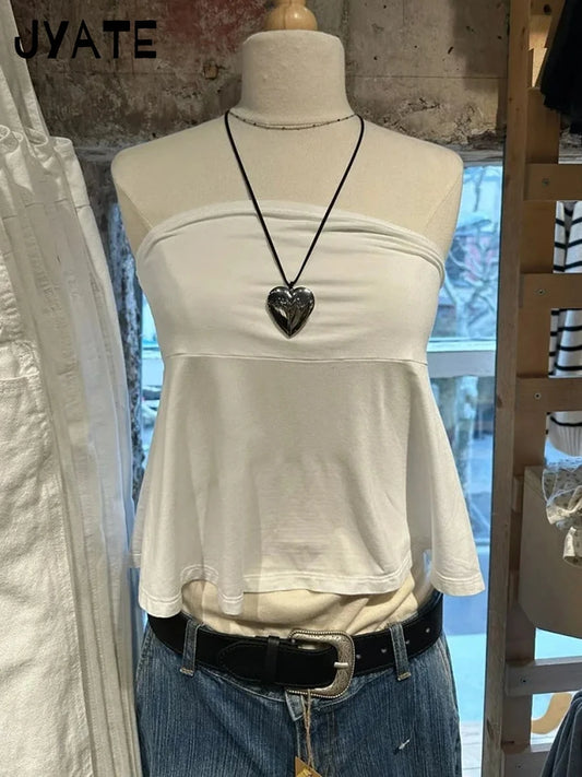 Sweet White Folds Strapless Tank Tops Women Summer New Simple Basic Cotton Soft Cropped Vests Vintage Cute Casual Camisole Y2K