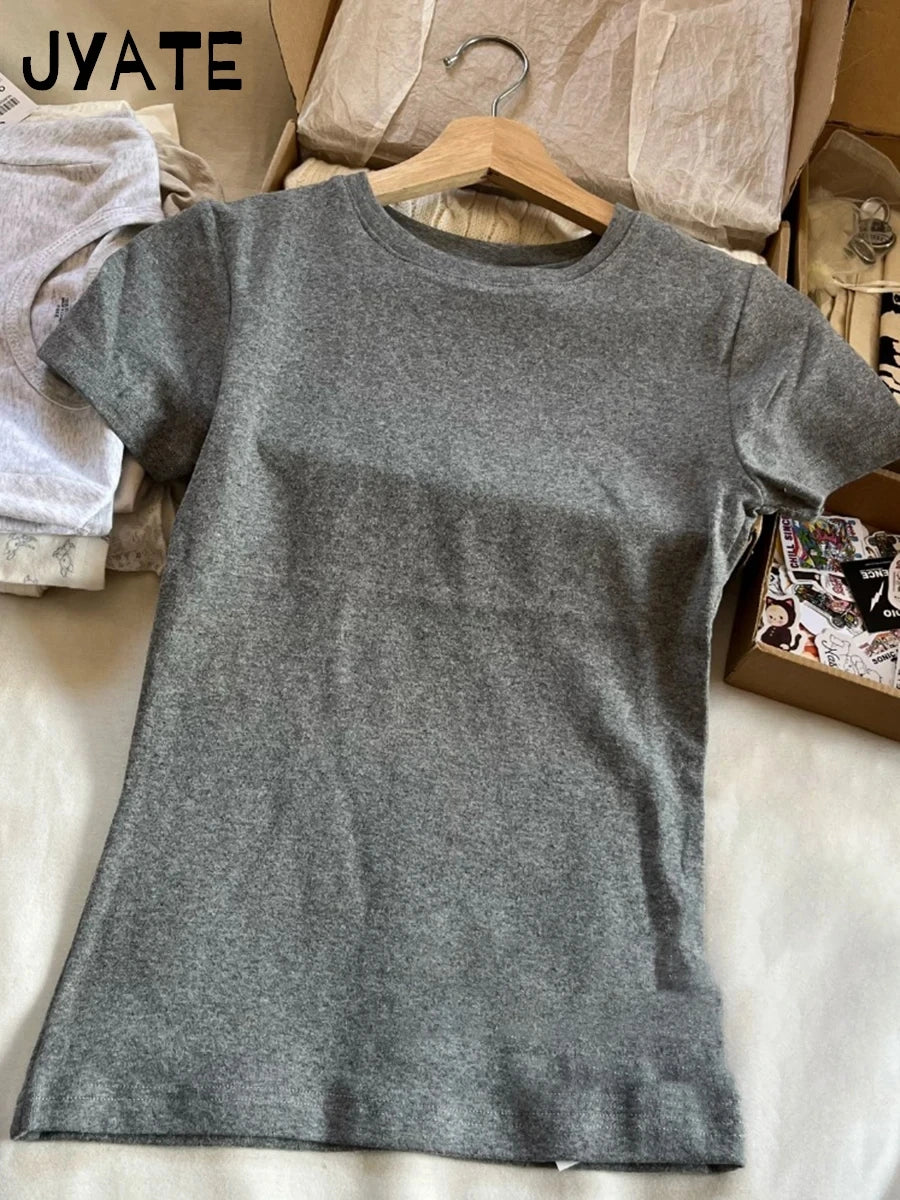 Basic Gray Cotton Soft T-shirts Women Summer New Casual Slim Simple O-neck Short Sleeve Tees Sweet Chic Preppy Style Tops Y2K