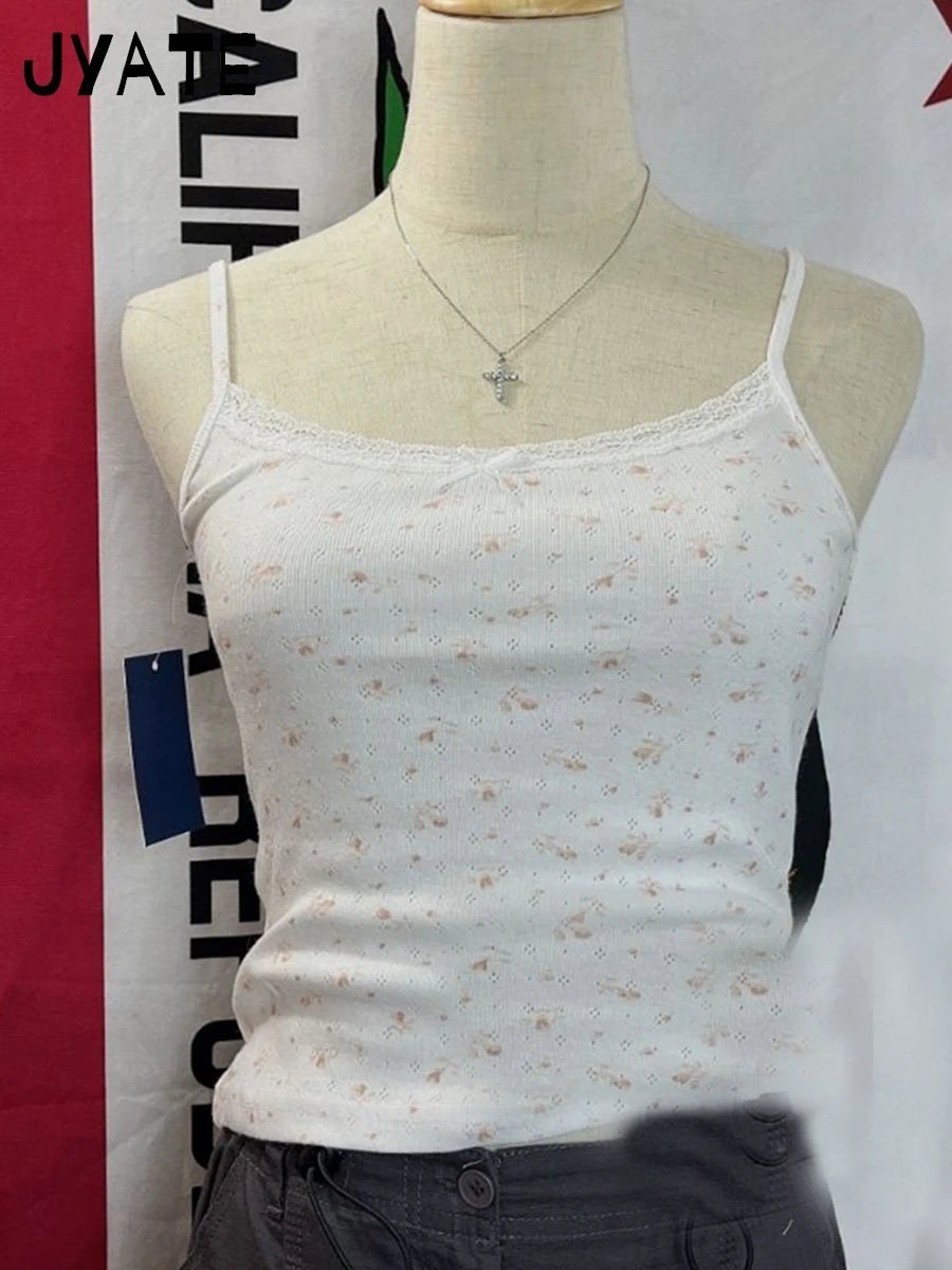 Pink Floral Print Lace Trim Tank Tops Women Summer New Cotton Bow Casual Chic Simple Camisole Girl Sweet Cute Vintage Vests Y2K