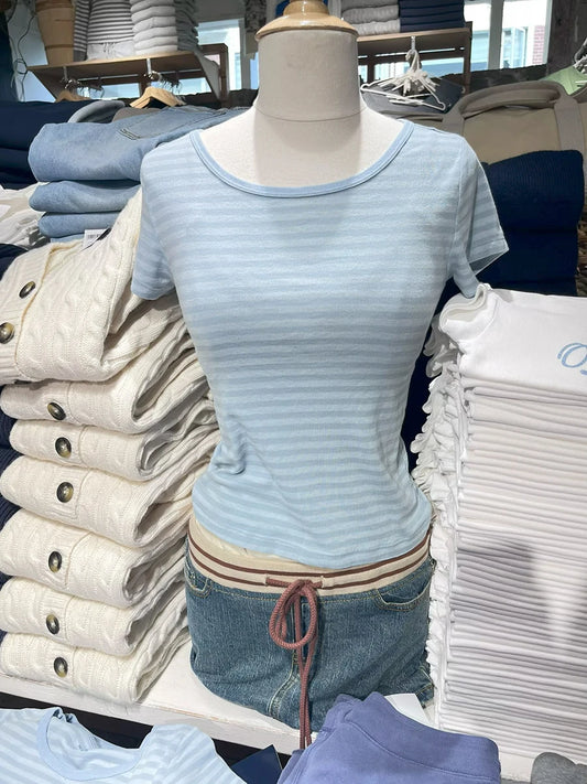 Blue Striped O-neck T-shirts Women Summer Simple Casual Streetwear Slim Short Sleeve Tees Vintage Preppy Style Sweet Tshirt Y2K
