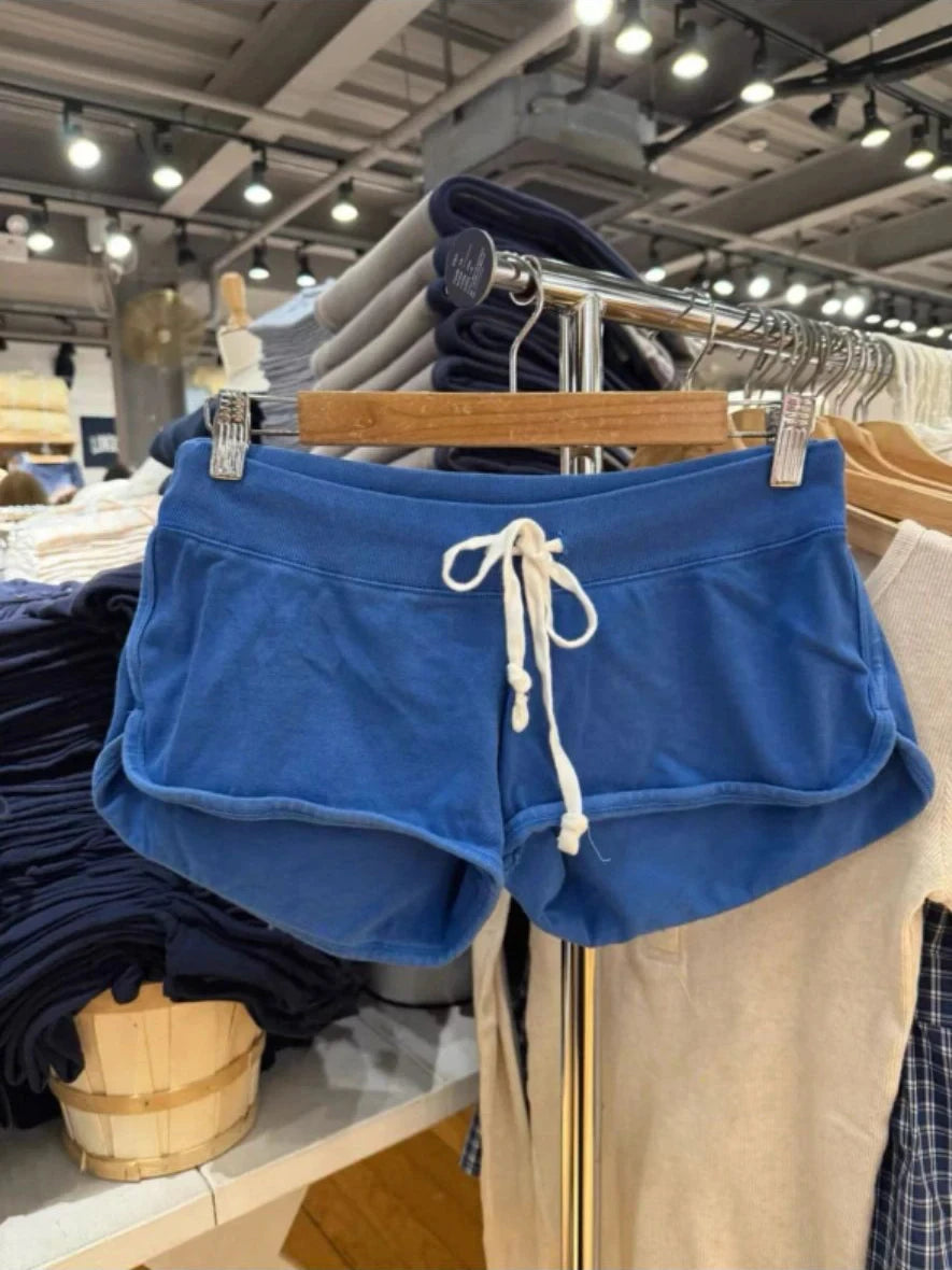 Blue Raw Hem Cotton Short Pant Women Summer Elastic High Waist Casual SweatShorts Sweet Vintage Chic Y2K Drawstring Bottoms New