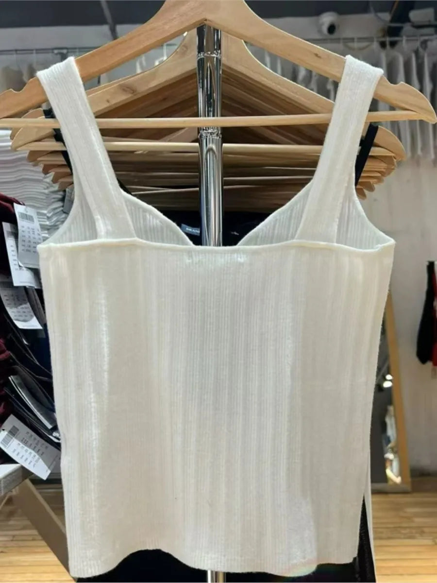 Casual White Knitted V-neck Slim Crop Top Woman Simple Sleeveless Cotton Cropped Camisole Female Basic Cute All-match Tank Tops