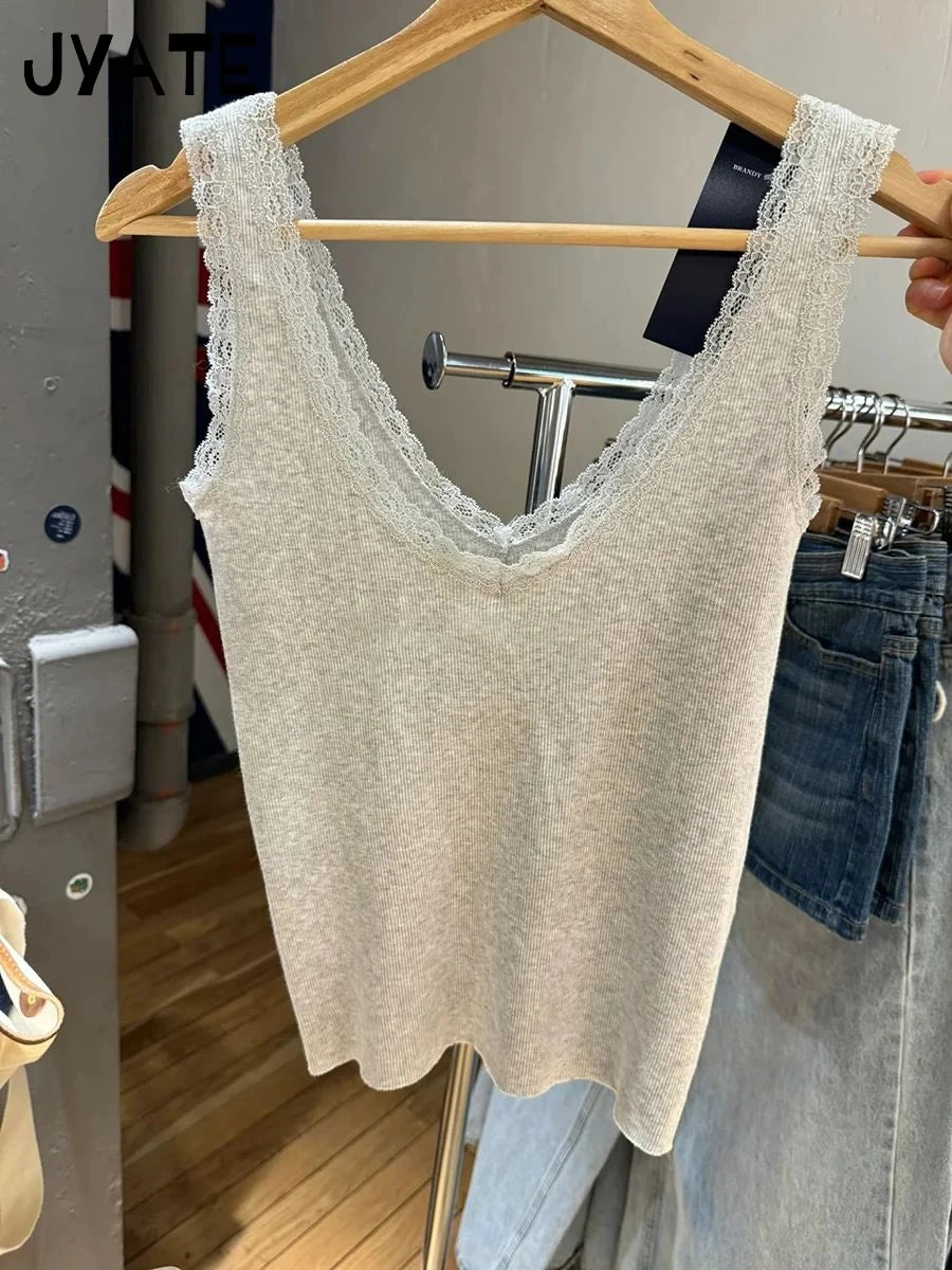 Sexy Slim Lace Trim Sleeveless Vests Women Summer New Cotton Soft Ribbed V-neck Casual Camisole Vintage Basic Chic Tank Tops Y2K