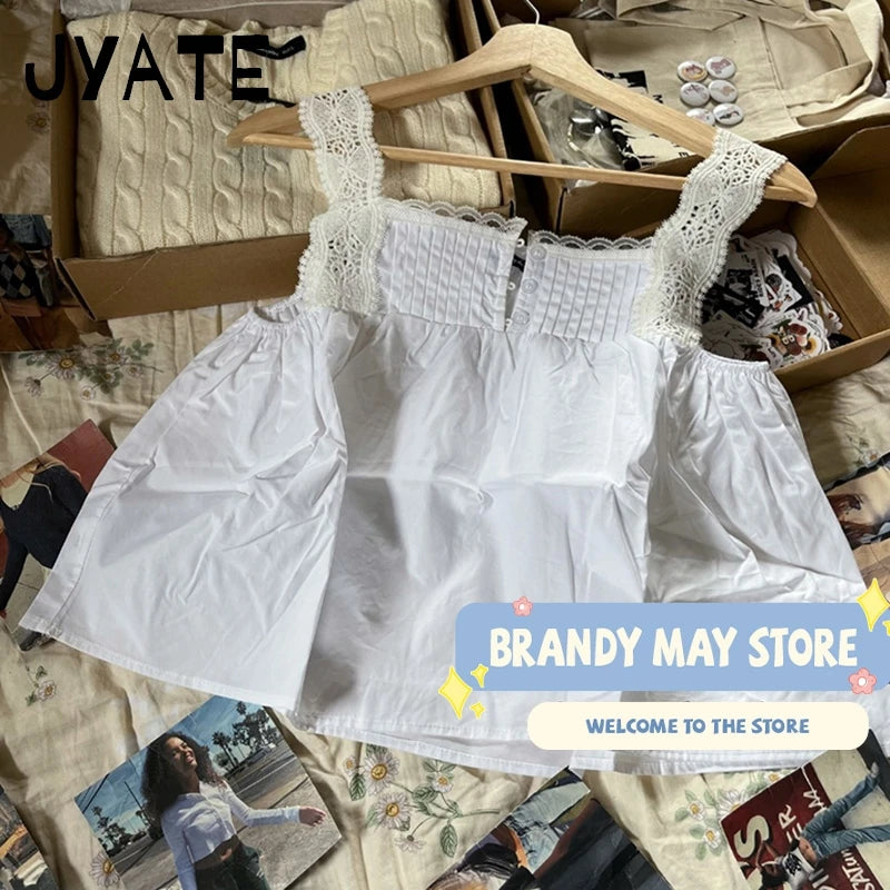 Sweet Buttons Lace Hollow Out Sleeve Camisole Women Summer New Simple Square Collar Sleeveless Vests Vintage Chic Cute Tank Tops