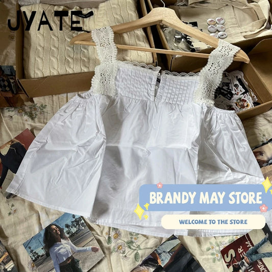 Sweet Buttons Lace Hollow Out Sleeve Camisole Women Summer New Simple Square Collar Sleeveless Vests Vintage Chic Cute Tank Tops