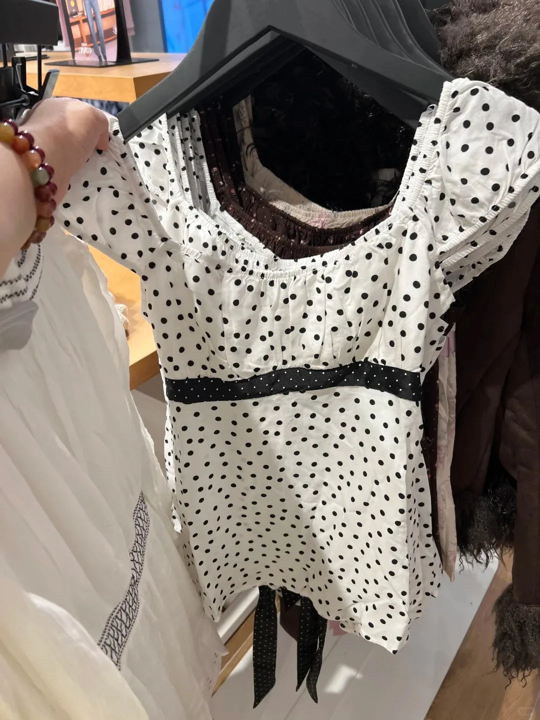 White Polka Dot Babydoll Top Women Summer New Casual Slim Lace-up Square Collar Tee Tops Sweet Vintage Preppy Style T-shirts Y2K