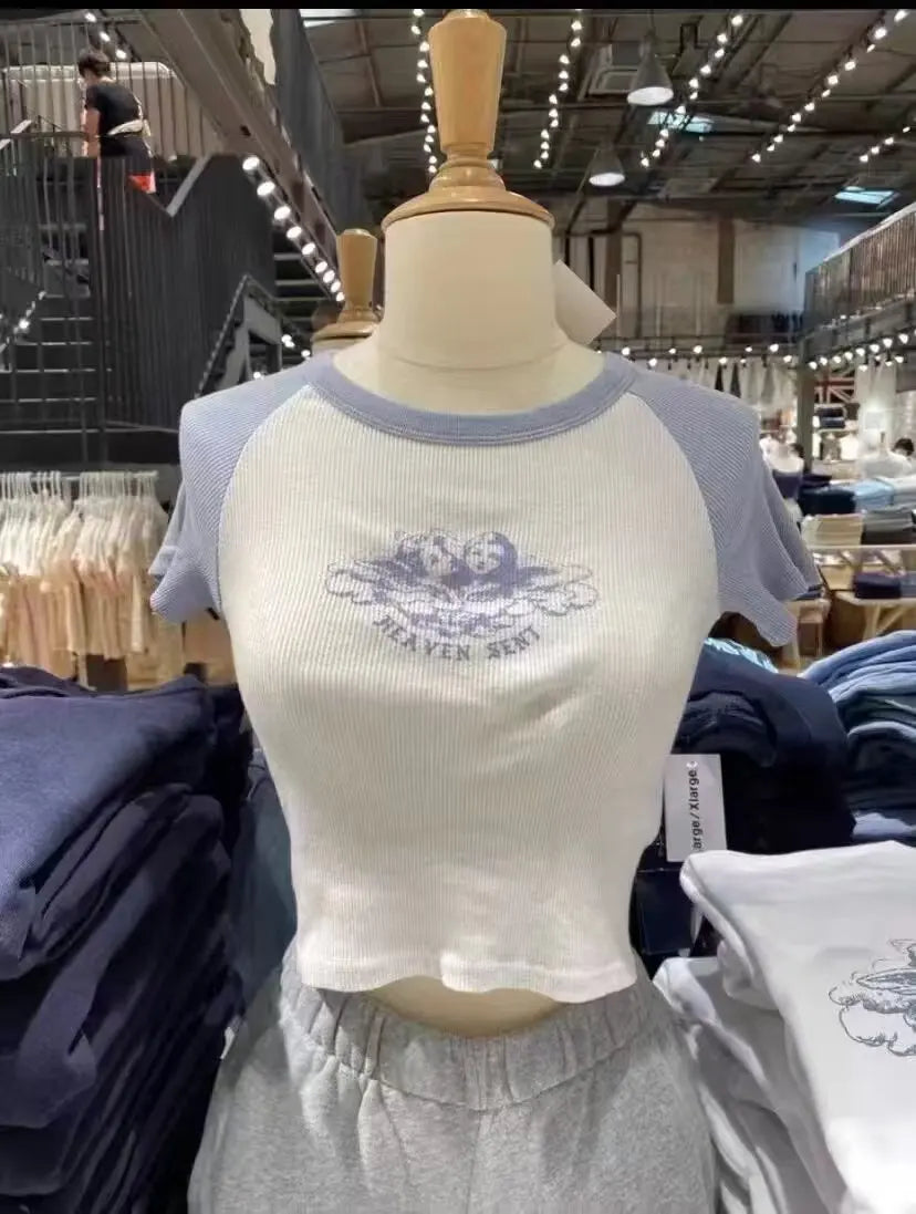 Classic Letter Print T-shirts Women Summer Cotton Soft Slim O-neck Short Sleeve Tees Female Vintage Streetwear Sweet Crop Tops