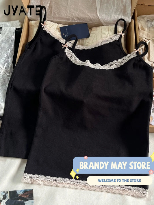 Harajuku Black Patchwork Lace Trim Camisole Women New Cotton Casual Slim Bow Sleeveless Vests Vintage Chic Preppy Style Tank Top