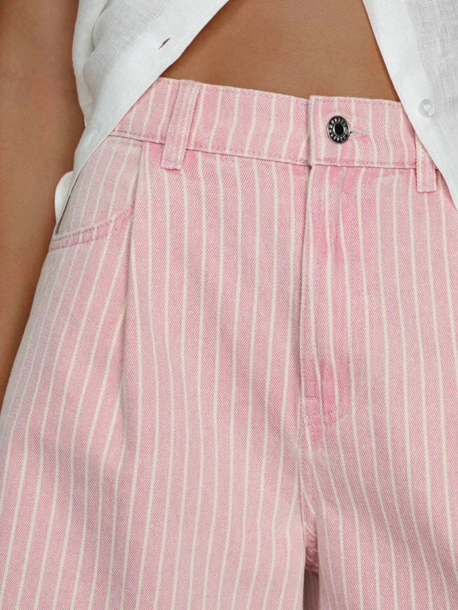 Pink Striped Pockets Cargo Pants Women Casual Cotton Loose High Waist Button Short Pants Vintage Sweet Preppy Style Sweatshorts