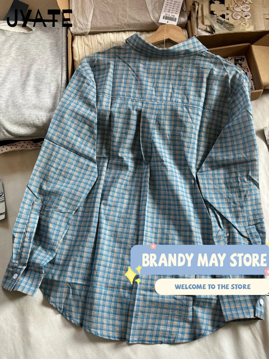 Vintage Plaid Single Breasted Blouse Women New Cotton Casual Turn-down Collar Long Sleeve Tees Chic Preppy Style T-shirts Y2K