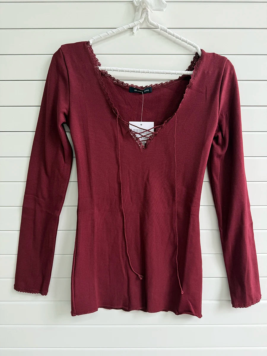 Sweet Lace Trim Long Sleeve Tees Women Casual Simple V-neck Lace-up Cotton Slim Tshirts Female Cute Preppy Style Chic T-shirts