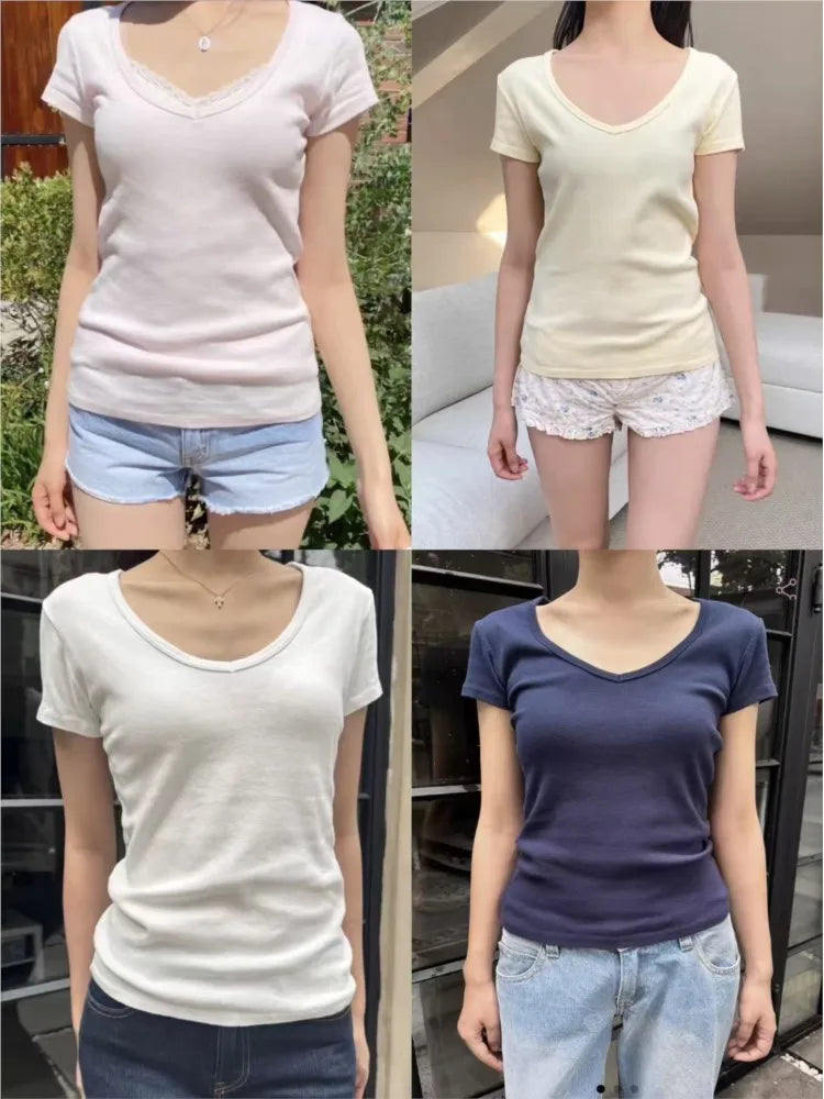 Solid V-neck Short Sleeve Tees Women Casual Streetwear Slim Cotton Tops Clothes Simple Basic Preppy Style T-shirts Y2K