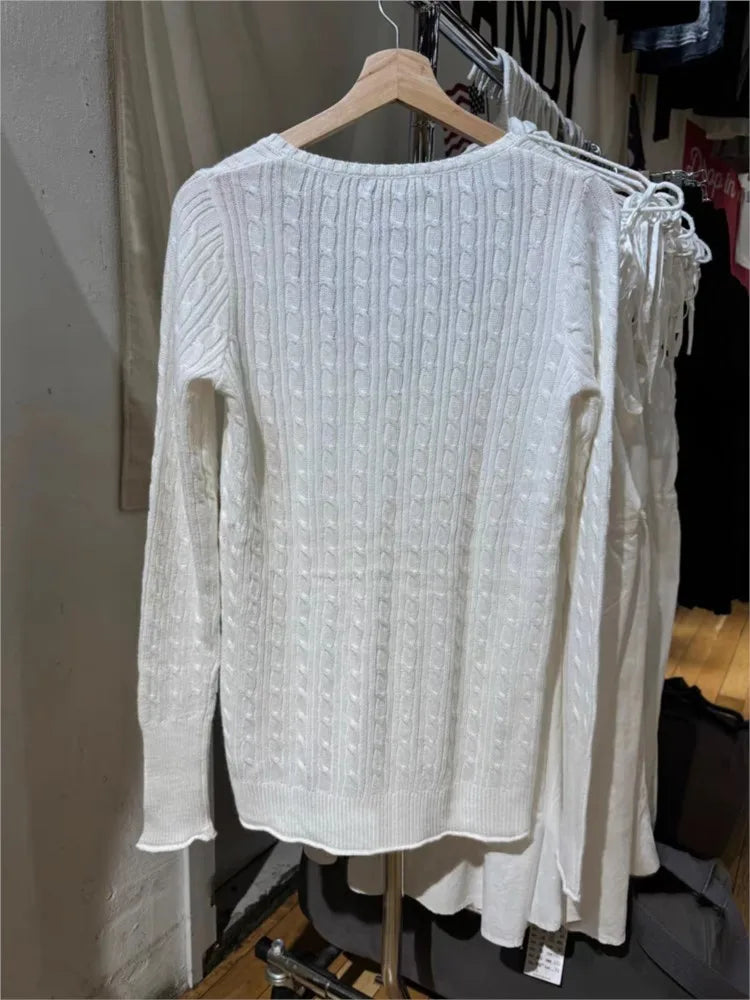 New Beige Twisted Flower Thin Knitted Sweater Women V-Neck Long Sleeve Jumpers Spring Sweet Cute Preppy Style Sweater Top