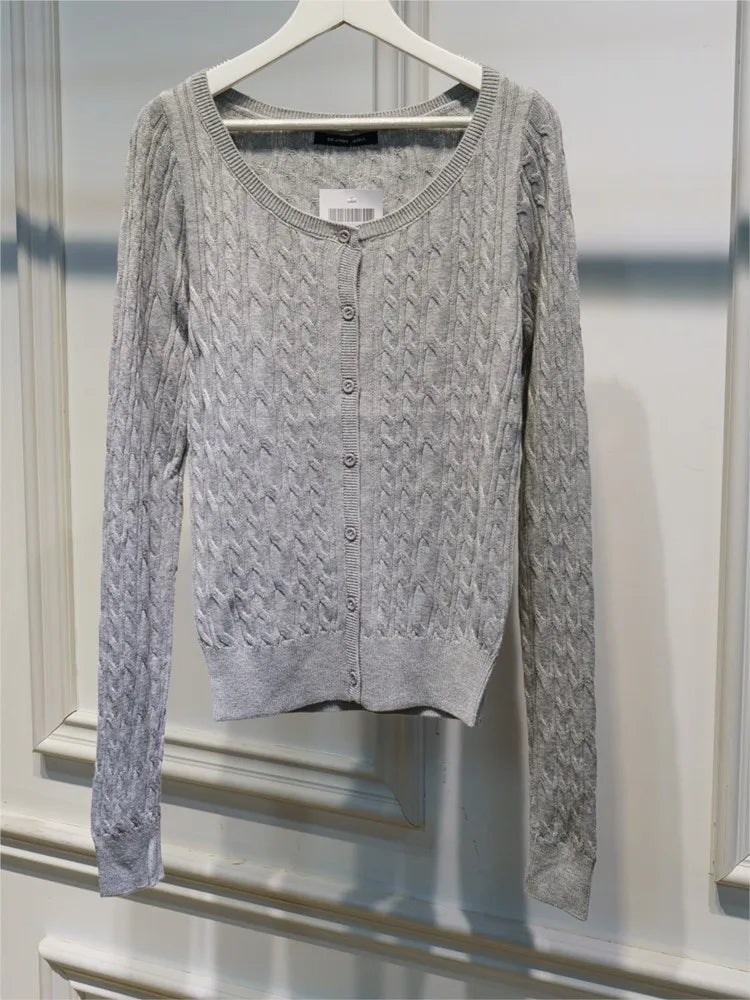 Gray Twisted Flower Slim Cardigans Women Streetwear New Solid O-neck Single-Breasted Autumn Sweater Cute Casual Sweet Knitwear