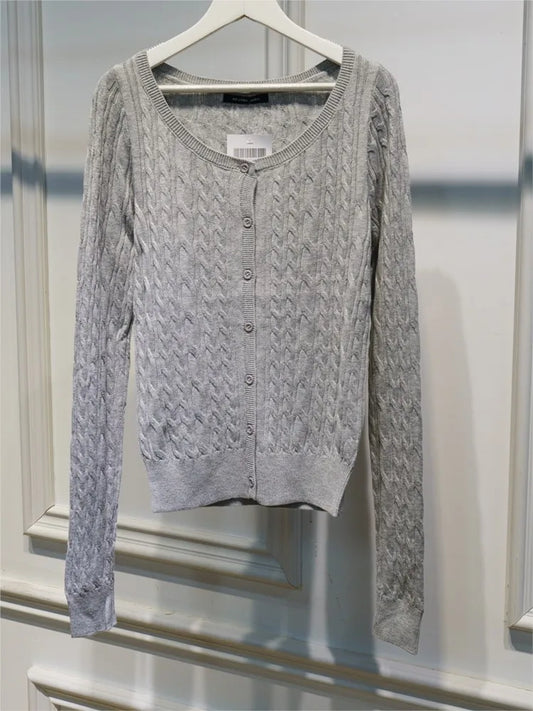 Gray Twisted Flower Slim Cardigans Women Streetwear New Solid O-neck Single-Breasted Autumn Sweater Cute Casual Sweet Knitwear