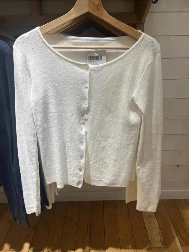 Sweet Buttons White Knitted Cardigan Women Autumn New Casual Streetwear Long Sleeve Sweater Coat Cute Simple Basic Sweaters Tops