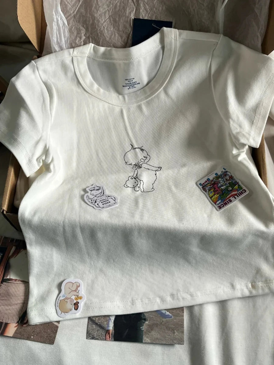 Cute Cartoon Angel Print White Crop Tops Women Casual Simple O-neck Slim Cotton Short Sleeve Tees Female Sweet Vintage Chic Y2K