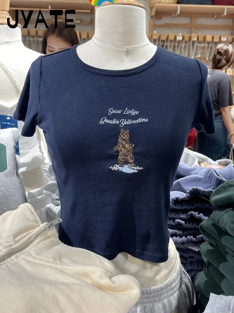 Fashion Heart Bear Embroidery Crop Tops Women 2024 New Cotton Casual Streetwear Short Sleeve Tee Vintage Sweet Cute T-shirts Y2K