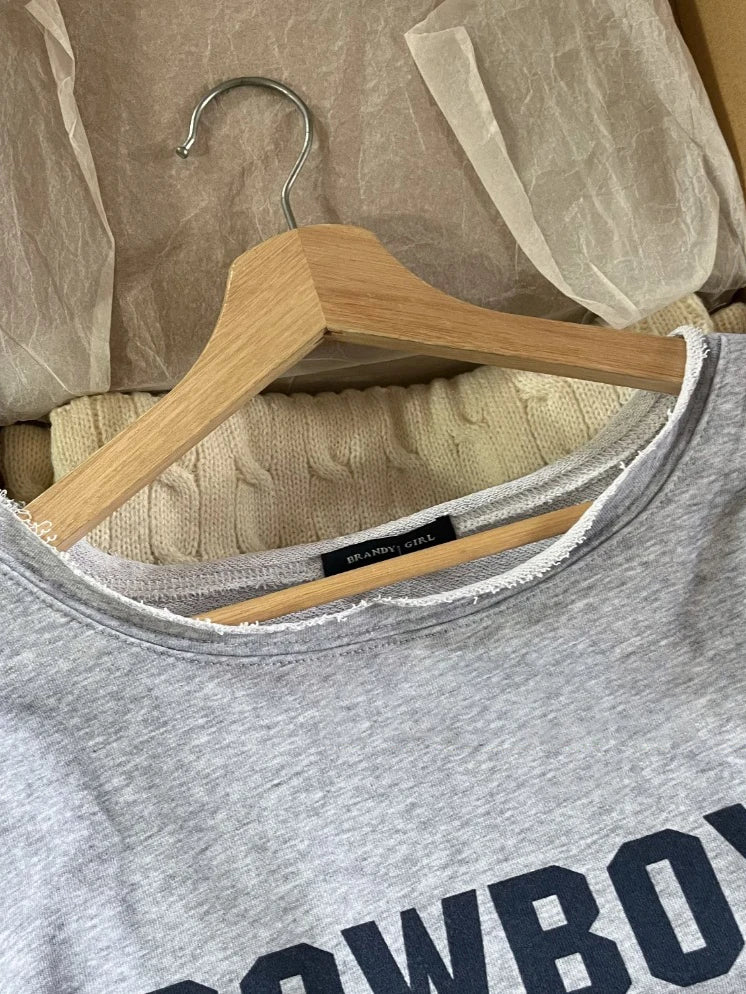 Cowboys 33 Print Loose Sweatshirt Women Raw Hem Slash Neck Cotton Long Sleeve Pullover Tops American Vintage Streetwear Hoodie