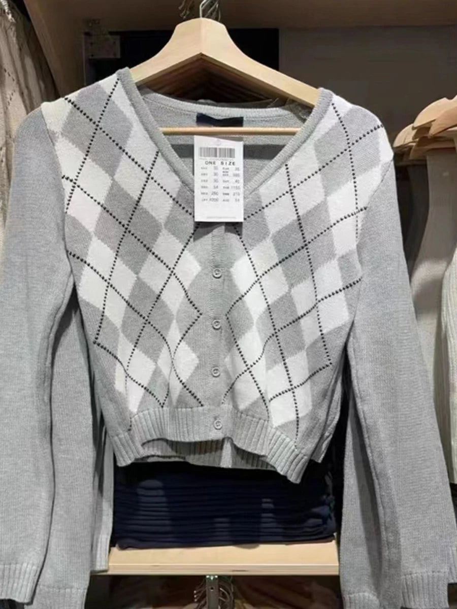Vintage Plaid Knitted V-neck Cardigan Women New Cotton Slim Gray Streetwear Patchwork Sweater Coat Harajuku Chic Y2K Jumper Tops