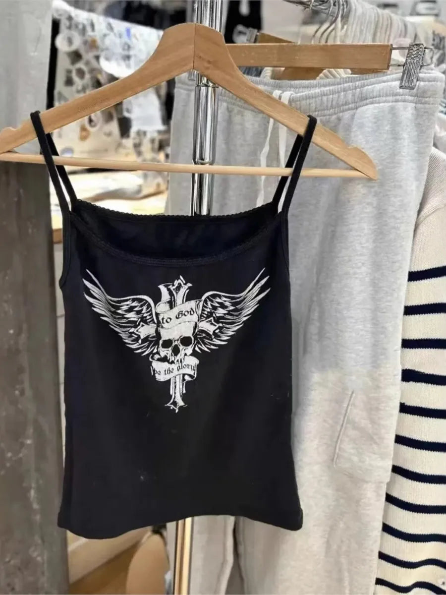 Black Harajuku Skull Print Sleeveless Vests Women Cotton Streetwear Casual Camis Clothes Vintage Chic Preppy Style Y2K Tank Tops