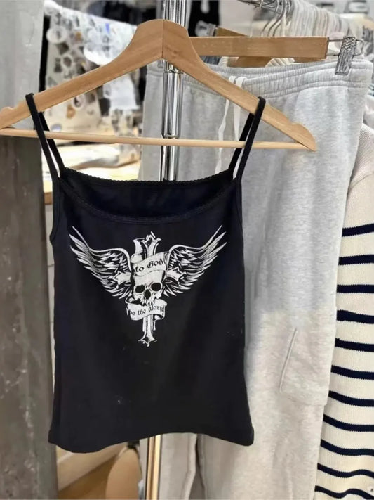 Black Harajuku Skull Print Sleeveless Vests Women Cotton Streetwear Casual Camis Clothes Vintage Chic Preppy Style Y2K Tank Tops