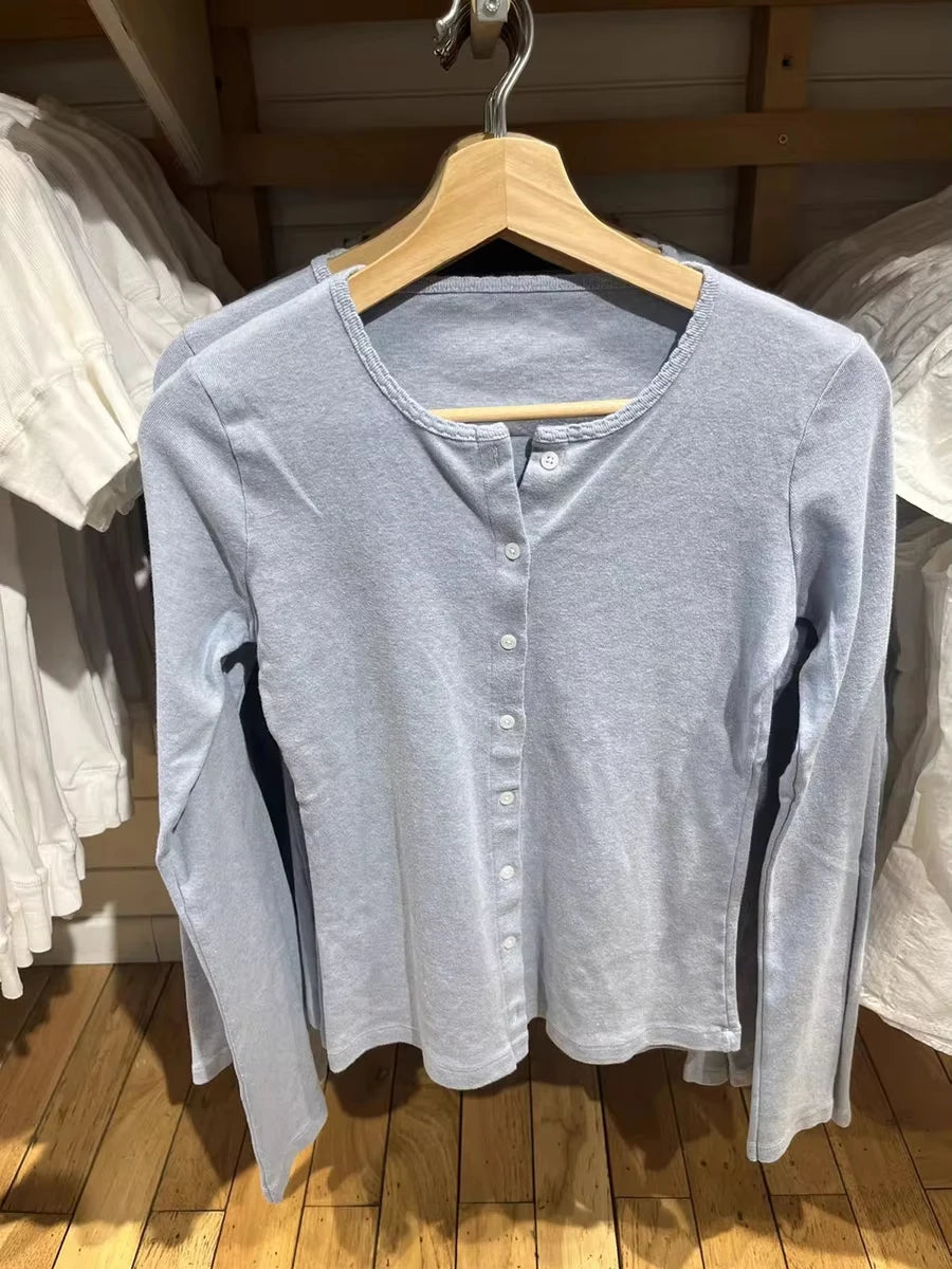 Blue Sweet Eyelet Knitted Long Sleeve Tees Women New Cotton Casual Slim Single Breasted Smock Tops Sweet Cute Basic T-shirts