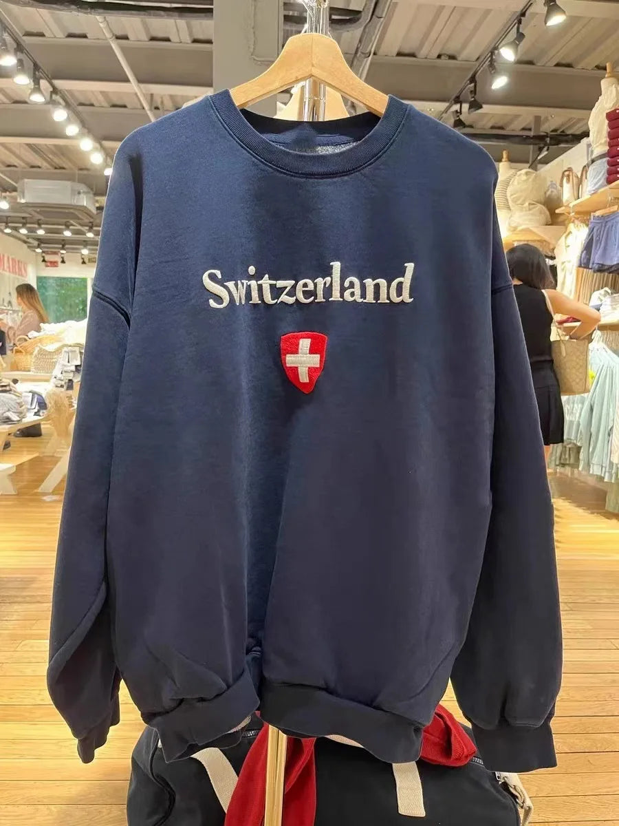 Letter Embroidery Sweatshirts Women Autumn New Casual O-neck Flag Long Sleeve Hoodies Vintage Harajuku Chic Pullover Top Y2K