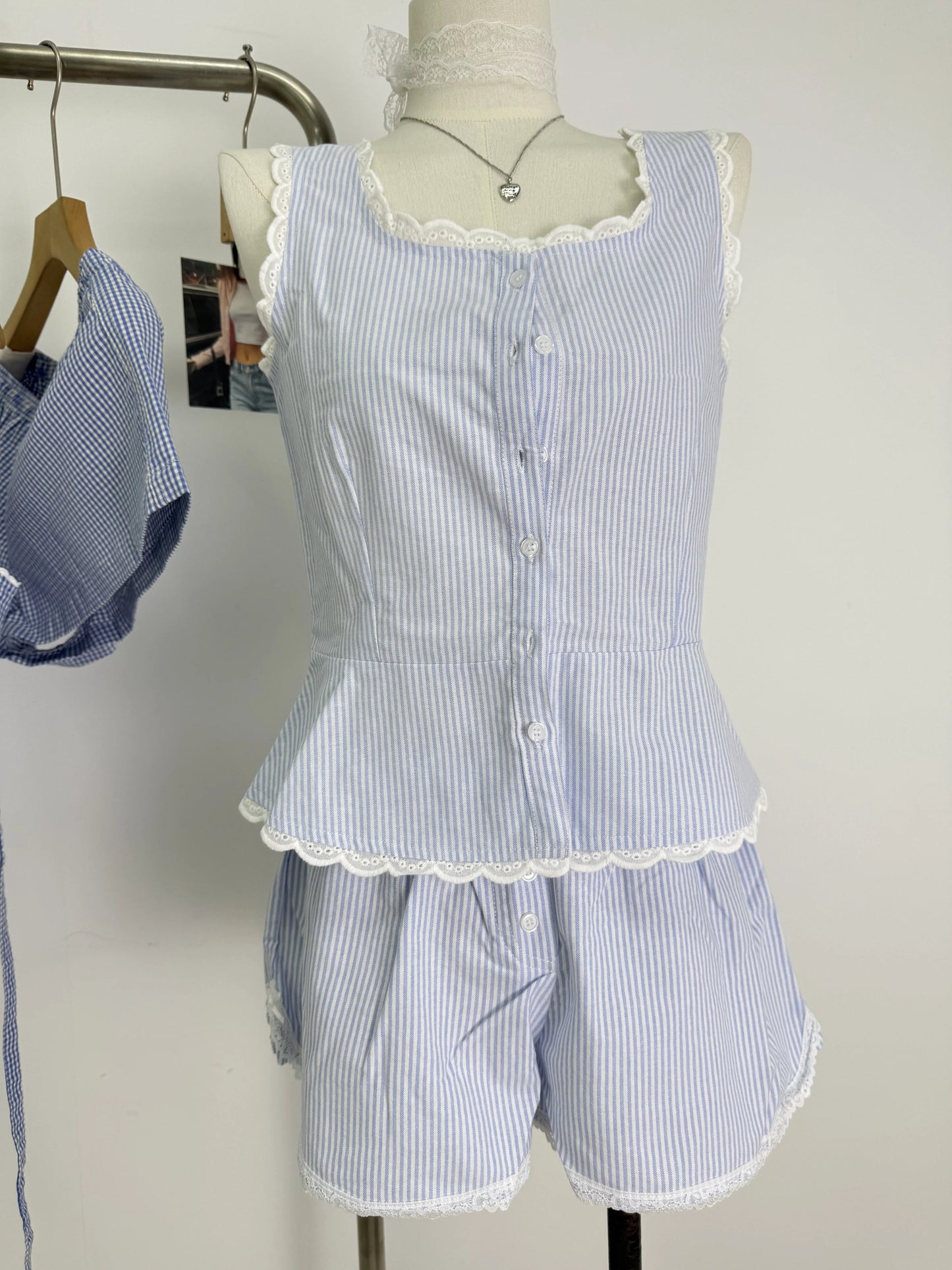 Pink Striped Lace Trim Tank Shorts Set Suit Women New Button Camisole +Elastic Waist Short Pant Sweet Cute Home 2 Piece Sets Y2K