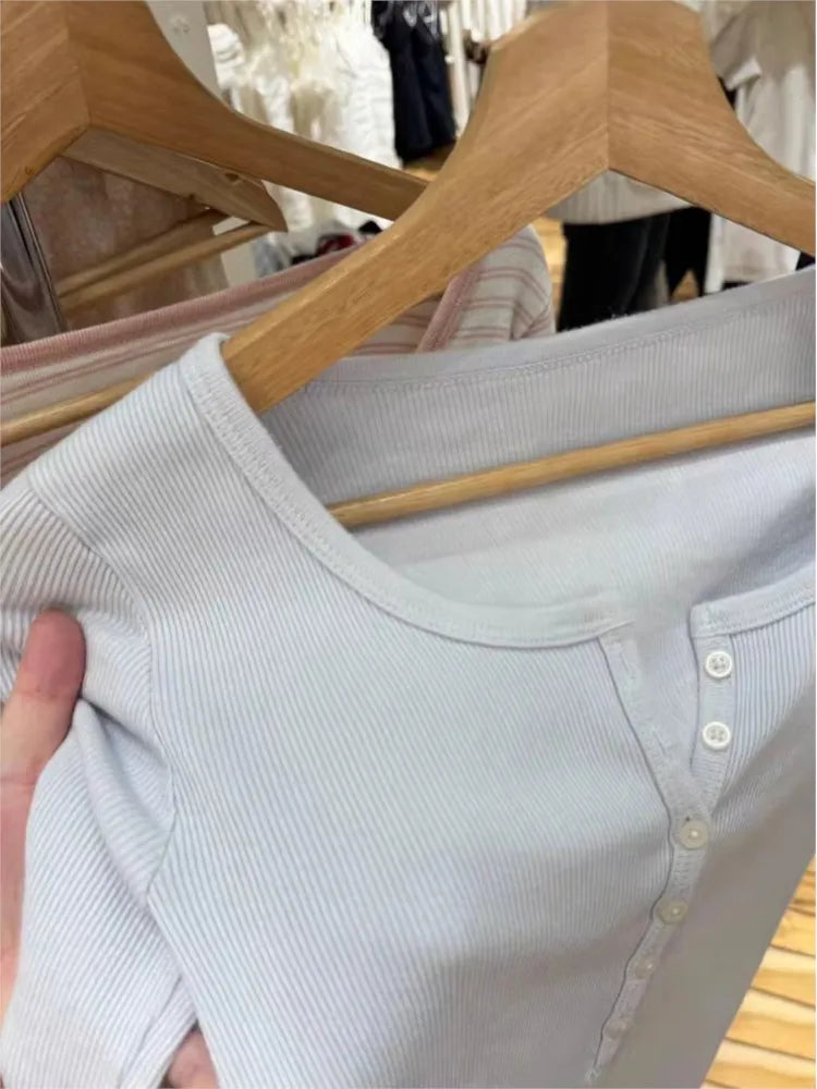 Sweet Blue Ribbed Buttons T-shirt Women Buttons O-Neck Cotton Slim Long Sleeve Tee Cute Vintage Preppy Style T Shirt Y2K Top New