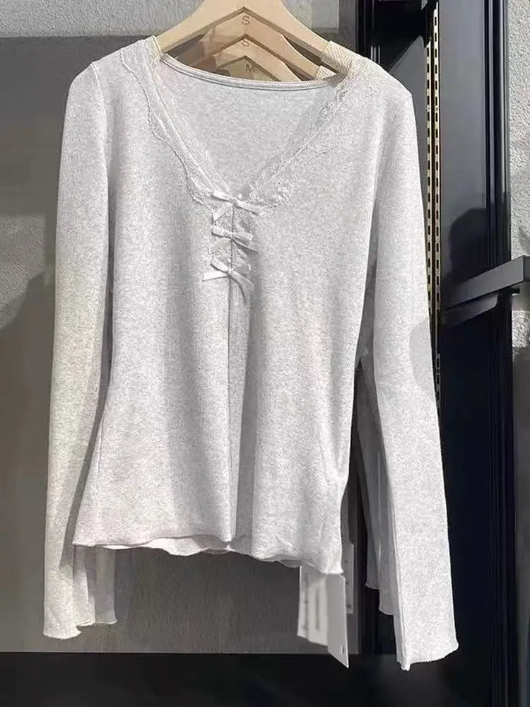 Lace Trim T-shirts Women Spring Cotton Casual Simple Basic Lace Trim Long Sleeve Tees Sweet Cute Preppy Style Tshirt Y2K