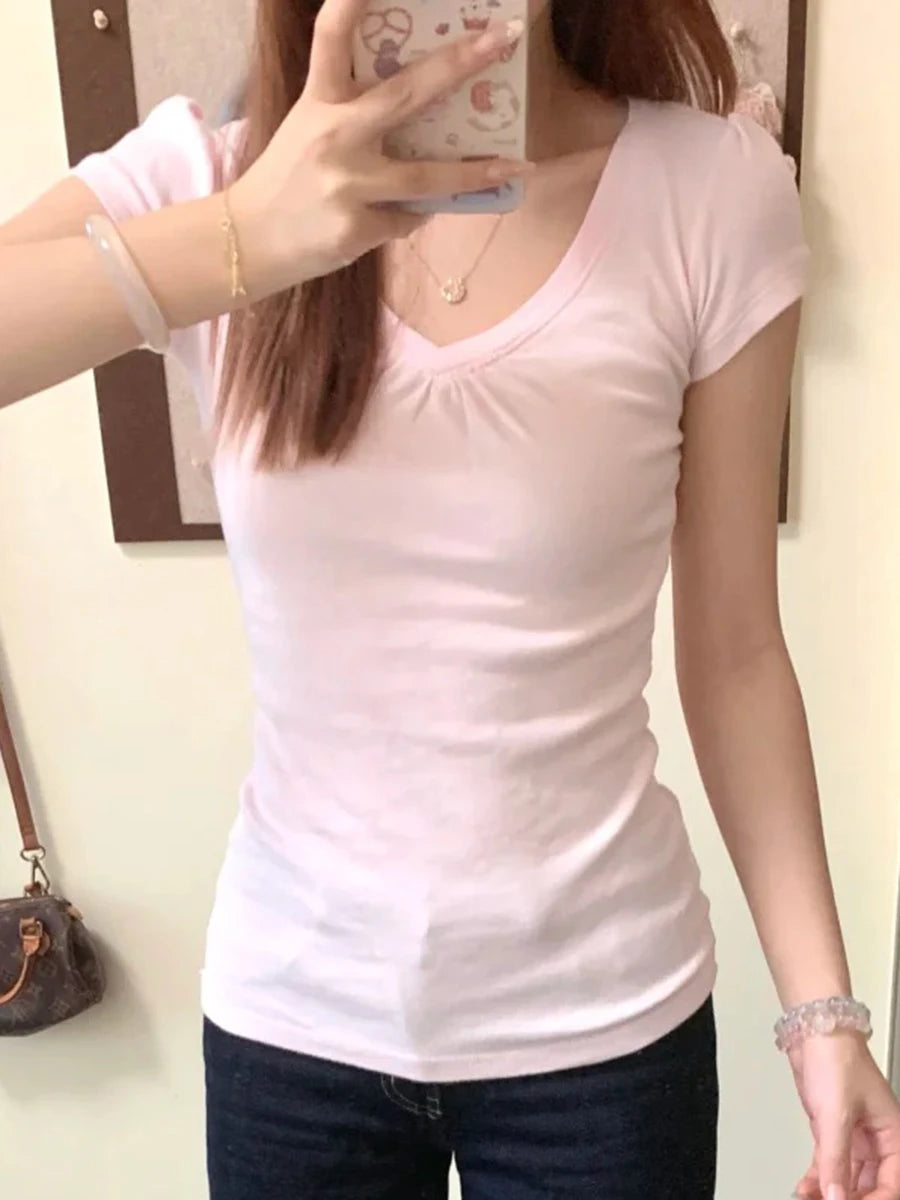 Folds V-neck Basic T-shirt Woman Summer Short Sleeve Cotton Slim Tee Shirts Female Casual Simple All-match Sweet Tshirt Tops
