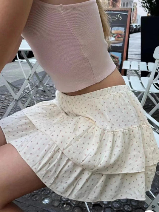 Sweet Cute Floral Print A-line Skirts Balletcore Women Elastic High Waist Mini Skirt Female Harajuku Vintage Chiffon Faldas Y2K