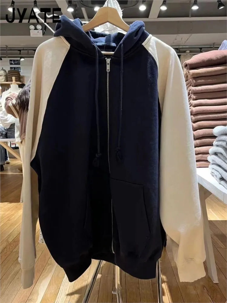Simple Blue Cotton Oversized Hoodies Coat Women Autumn Casual Pocket Drawstring Zip-up Pullover Sweet Chic Vintage Sweatshirts