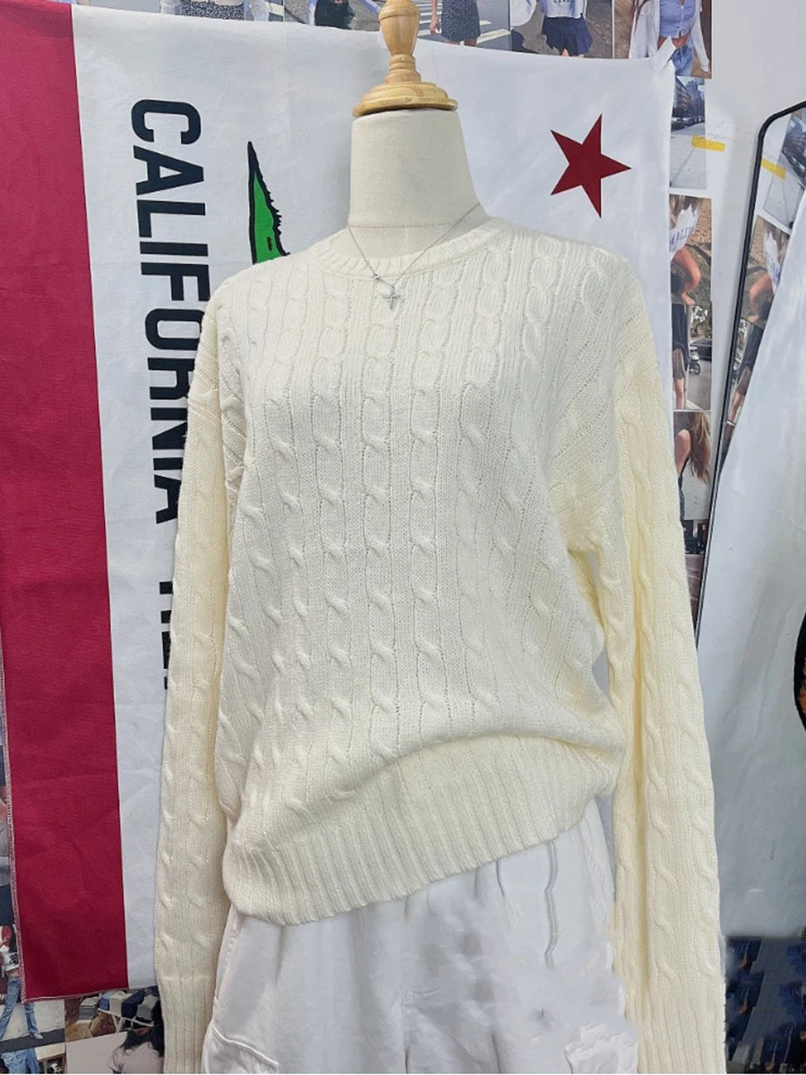Twist Knit Loose Sweaters Autumn Cotton Warm O-neck Casual Preppy Style Pullover Tops Sweet Vintage Streetwear Chic Jumper Y2K