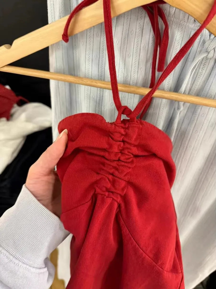 Vintage Red Drawstring Folds Strapless Tank Top Women New Basic Cotton Slim All-match Camis Sweet Preppy Style Vest Y2K Tops
