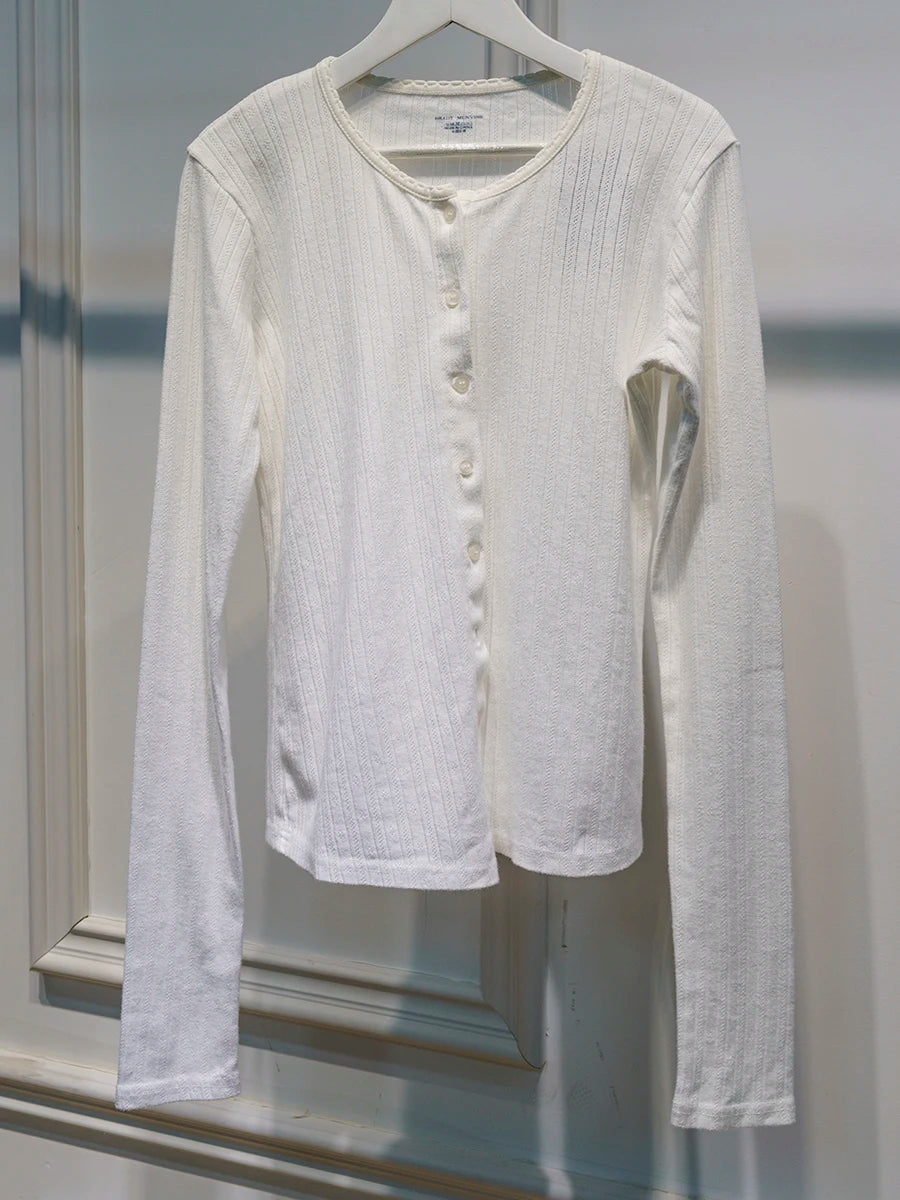 Eyelet Slim Single Breasted T-shirt Women Autumn Preppy Style O-neck Cotton Long Sleeve Tee Shirts Cute Vintage Sweet Tops Y2K