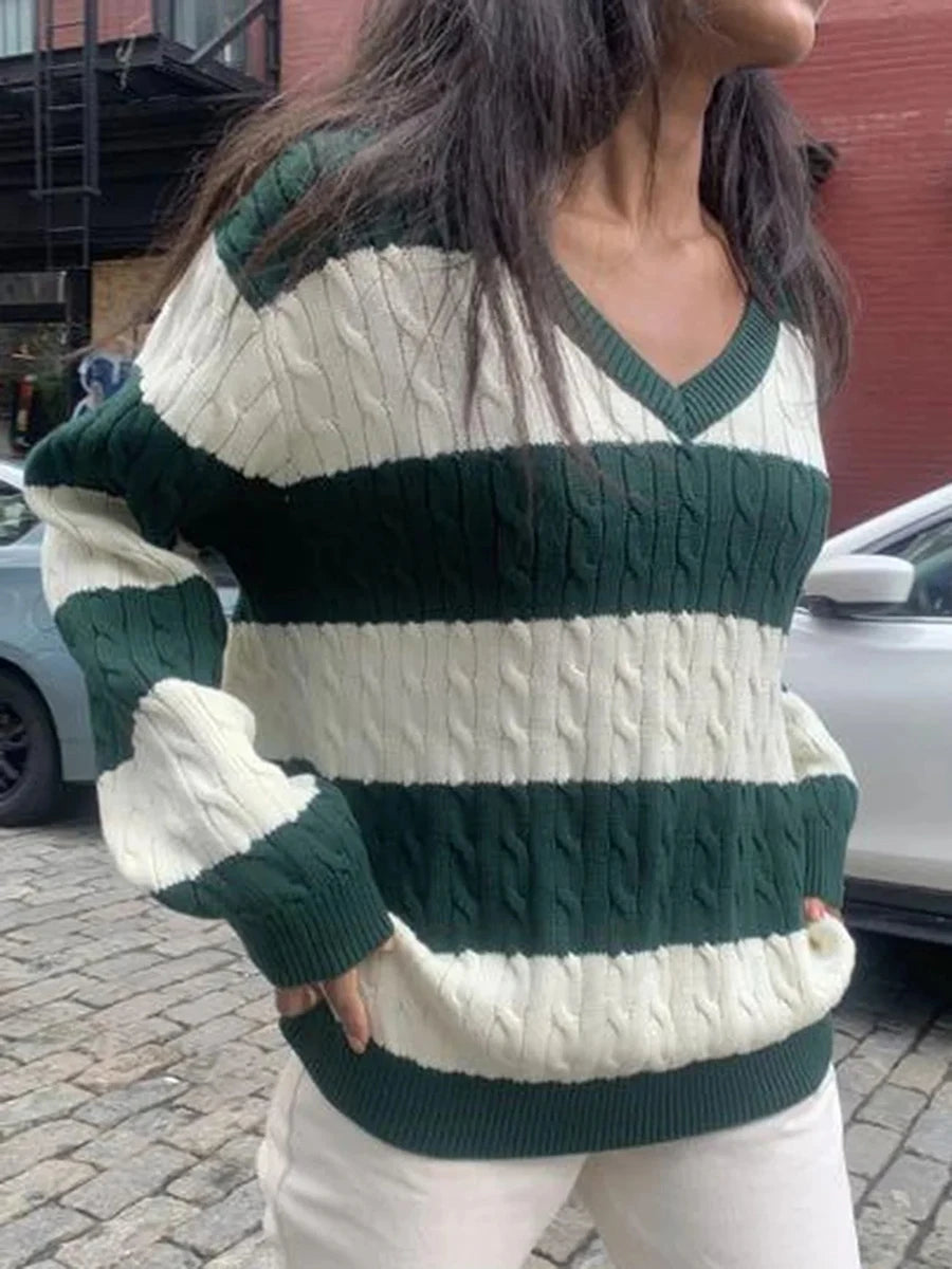 Fashion Twisted Floral Loose Knitted Sweater Women Autumn New V-neck Cotton Casual Chic Pullover Tops Streetwear Cute Jumper Y2K