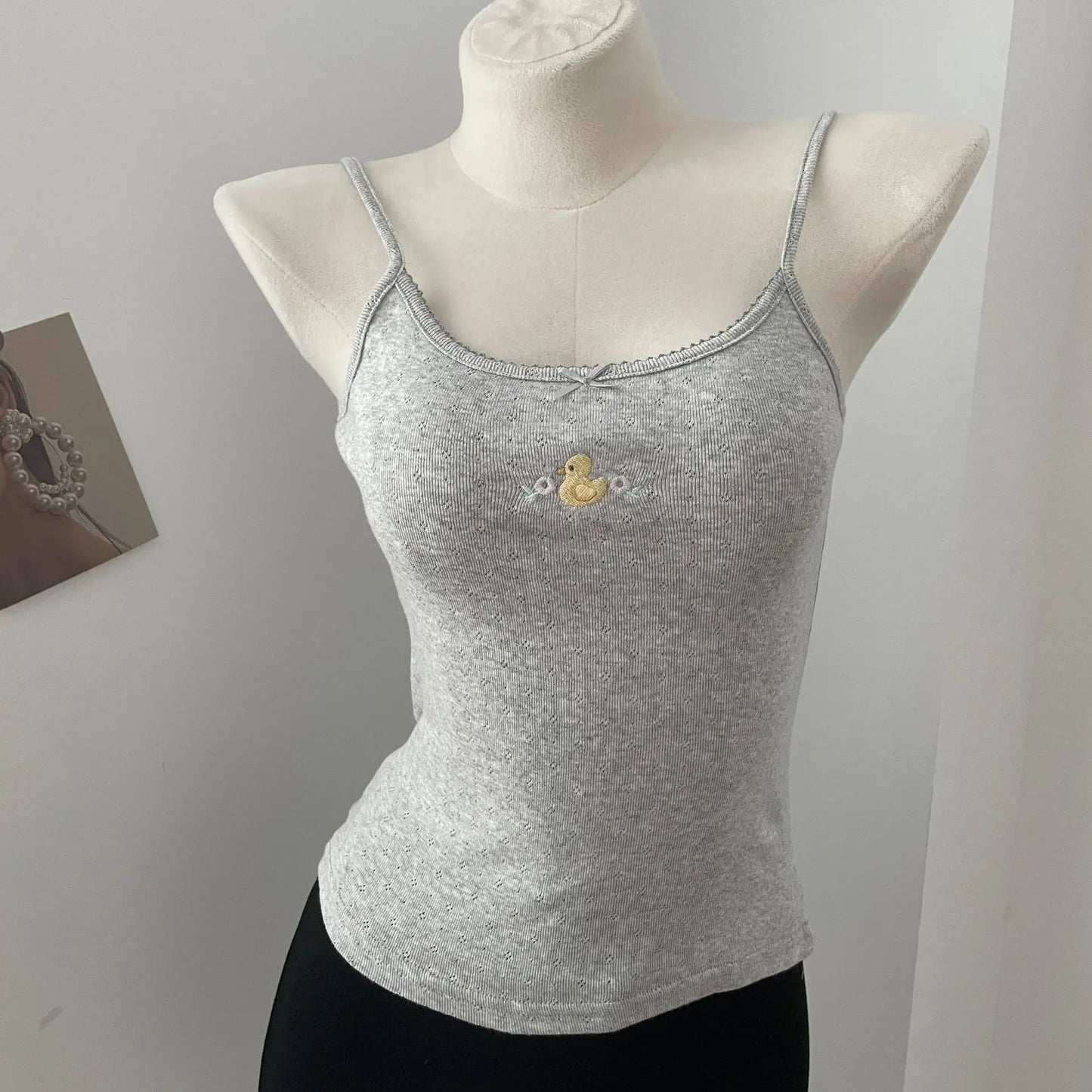 Cute Little Duck Embroidery Tank Tops Women Summer New Casual Slim Bow Sleeveless Vests Sweet Preppy Style Camisole Y2K Clothes