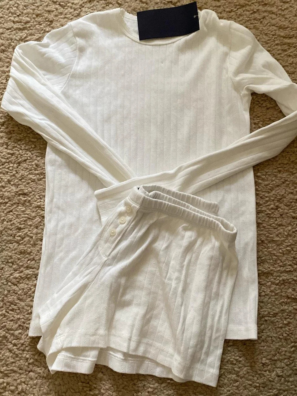 Sweet Eyelet Long Sleeve T-shirt Shorts Set Women Cotton Buttons Home Pajama 2 Piece Sets Slim Tees+Elastic Straight Sweatshort