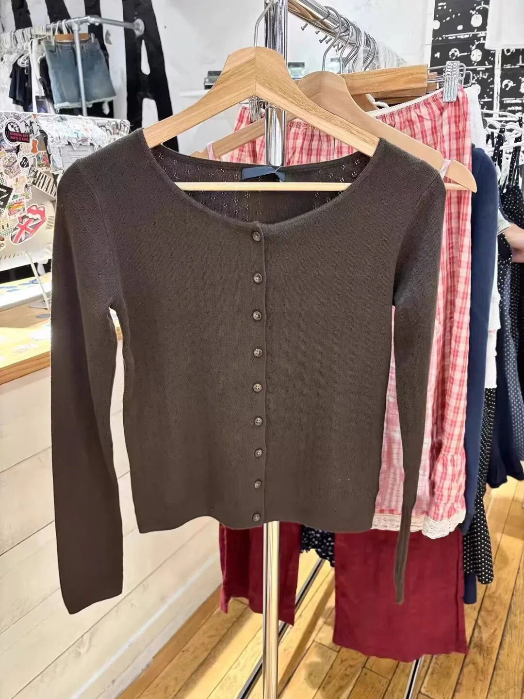 Brown Eyelet Knitted Cardigan Women Autumn New Casual Cotton Long Sleeve Sweater Coat Female Vintage Simple Basic Sweaters Tops