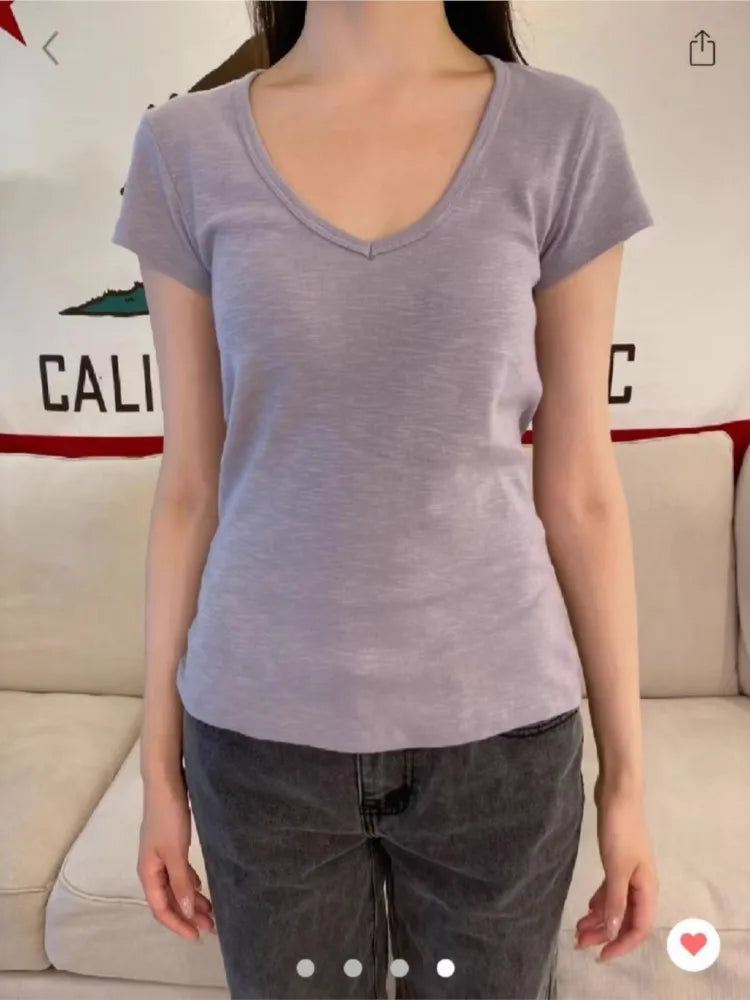 Pink Sweet V-neck Cotton Short Sleeve Tee Women New Casual Simple Preppy Style Slim Tops Clothes Vintage Sweet Chic T-shirt Y2K