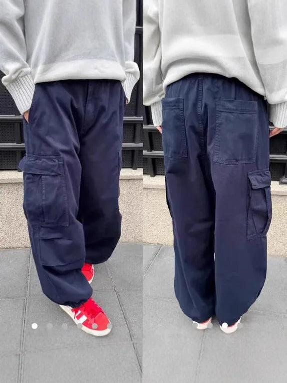Navy BLue Pockets Loose Cargo Pants Women Spring Drawstring Hem Trousers Streetwear Straight Baggy Sweatpants Long Pant New Y2K