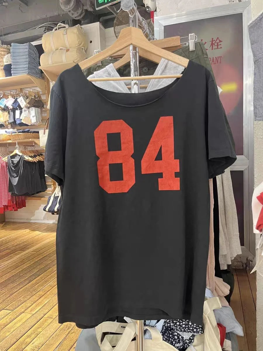 Fashion NO.84 Print Slash Neck T-shirts Women Summer Simple Casual Cotton Slim Short Sleeve Tee Vintage Preppy Style Tshirt Y2K
