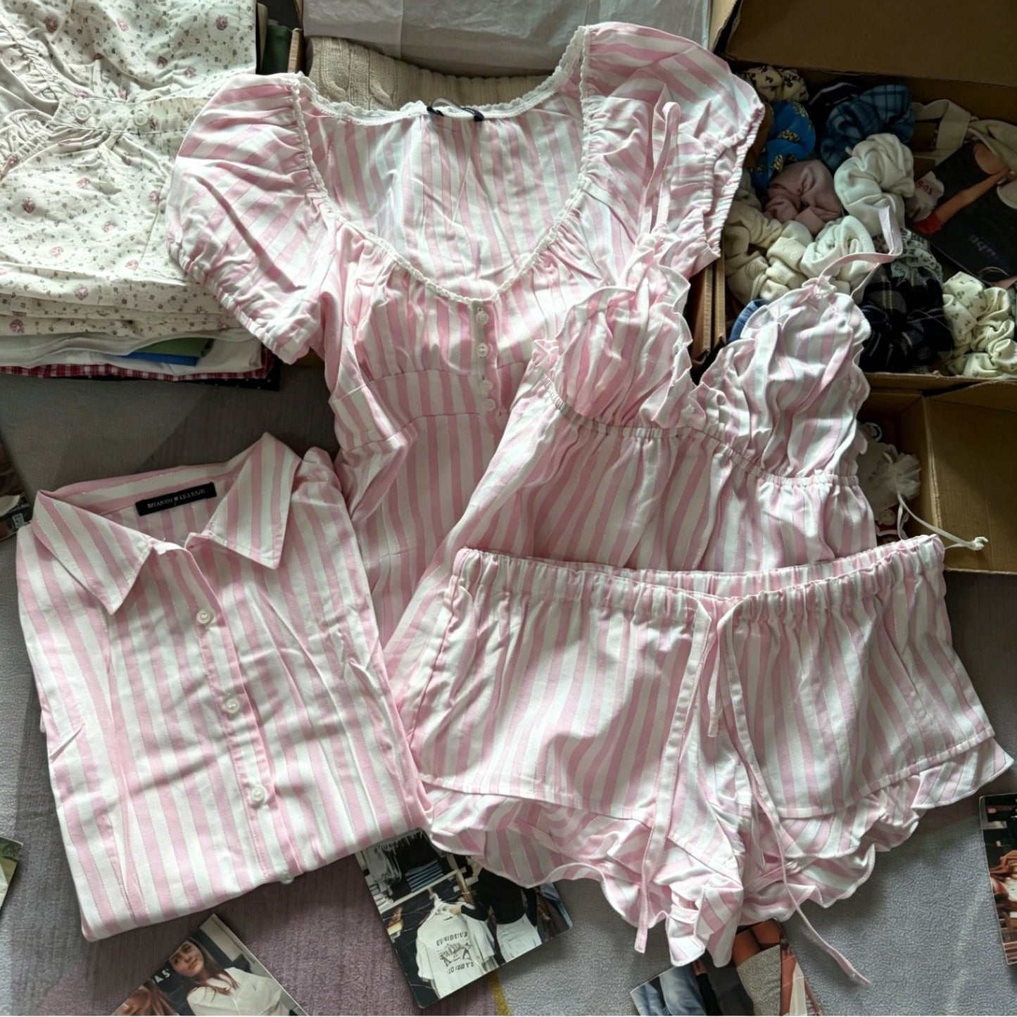 Pink Striped Puff Sleeves Tees Women Simple Pretty Versatile Blouse with Short Sleeve Tops Sweet Preppy Style Cute T-shirts Y2K