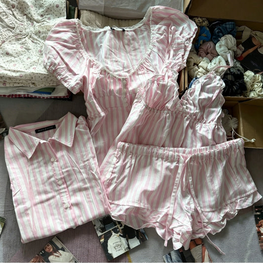 Pink Striped Puff Sleeves Tees Women Simple Pretty Versatile Blouse with Short Sleeve Tops Sweet Preppy Style Cute T-shirts Y2K