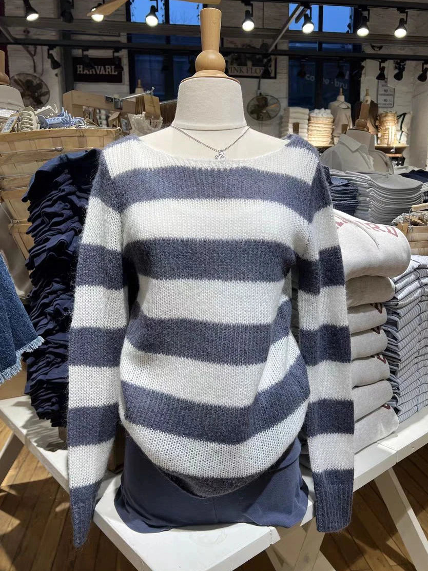 Striped Knitted Long Sleeve Woman Scoop Neck Cotton Thin Smock Autumn Casual Vintage Streetwear Tee Shirts Y2k Tops New Clothes